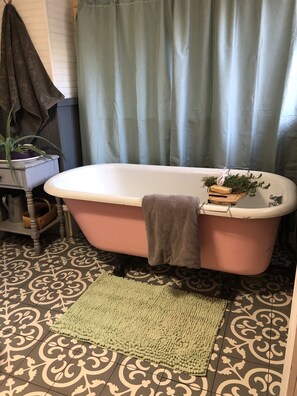 Combined shower/bathtub, hair dryer, soap, shampoo