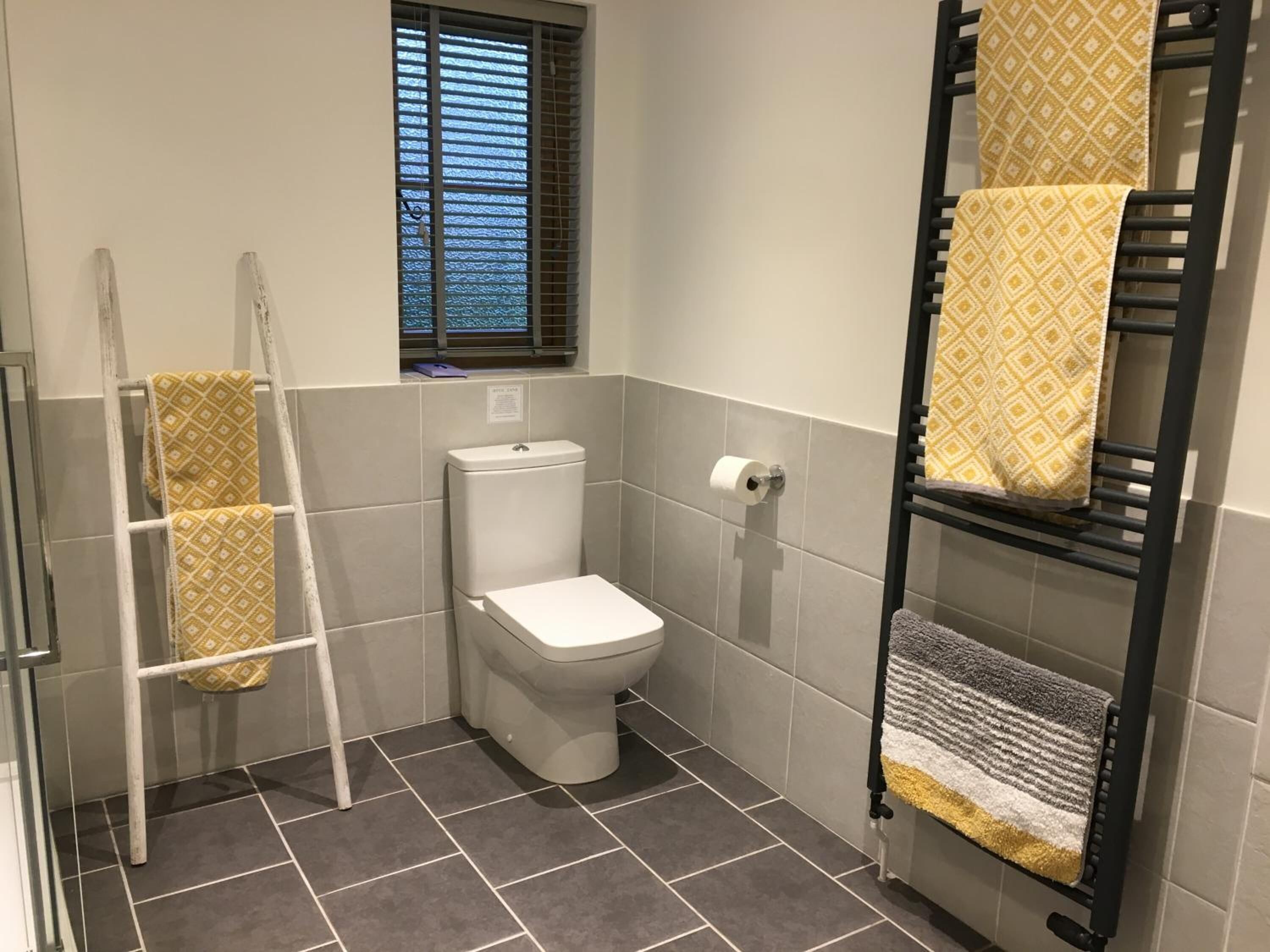 A compact bathroom with a toilet, a window, a towel rack with patterned towels, and a ladder leaning against the wall.