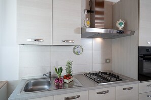 Fridge, oven, stovetop, coffee/tea maker