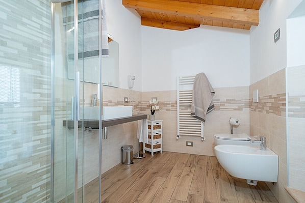 Shower, hair dryer, towels, toilet paper