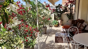 Ein Außenbereich mit Terrasse, Kübelpflanzen, einem weißen Metalltisch und einer Korbuschlange.