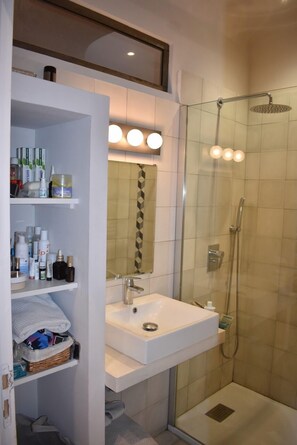 Shower, hair dryer, towels, toilet paper