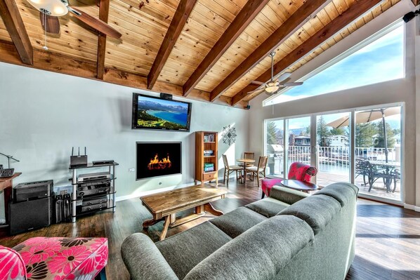 Smart TV, fireplace, video games, DVD player