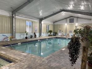 Una piscina interior con bordes de azulejos, plantas en macetas y señales de seguridad.