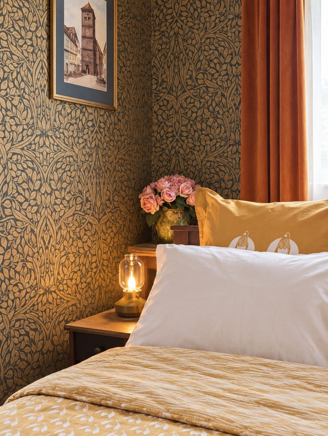 A bedroom with a patterned wallpaper, a framed picture of a building, a bedside table with a lamp, a vase with flowers, and a bed with a patterned bedspread.