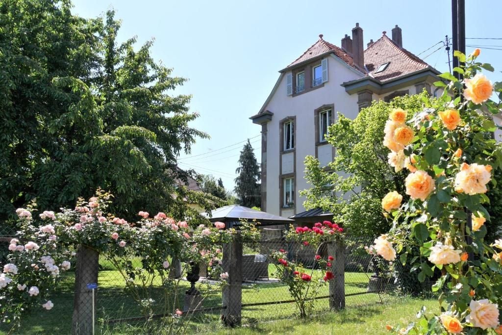 A residential building with a garden featuring rose bushes and a fenced area.