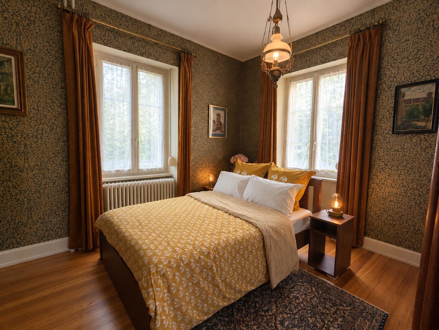 A bedroom with a bed, two bedside tables, a nightstand, a patterned rug, and a window with curtains.