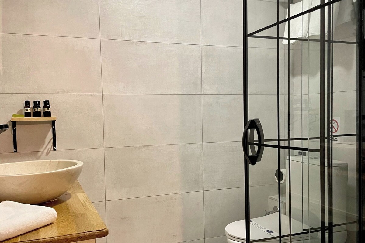 A bathroom with a glass-enclosed shower, a sink with a bowl, and a toilet.