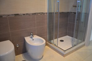 Shower, hair dryer, bidet, towels