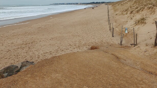 A wide sandy beach with a wooden fence and a few people walking. - House with enclosed garden, on the sea side (Brem-sur-Mer)