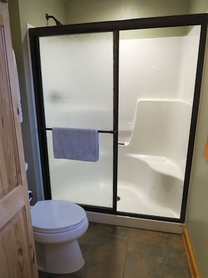 Combined shower/bathtub, hair dryer, towels, soap
