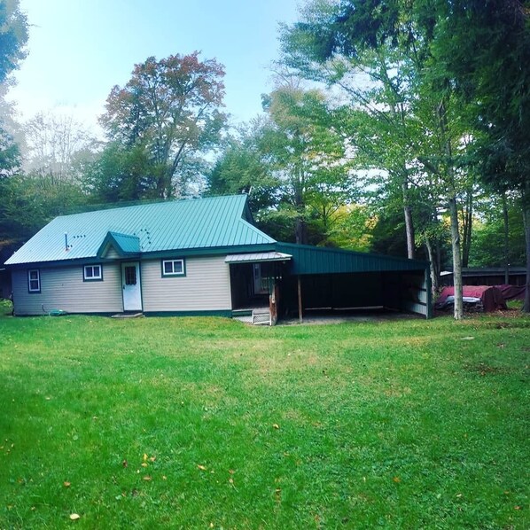 A single-story house with a green metal roof and a covered garage.