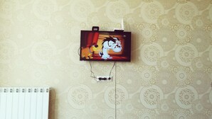 A television mounted on a wall with a patterned wallpaper, a white radiator below, and a wooden floor. - Saburtalo flat - Comfort created for you! (Tbilsi)