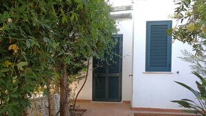 Um caminho leva a um edifício com duas janelas, cercado por vegetação e uma parede branca.