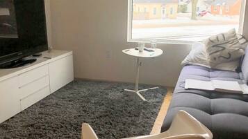 A modern living room with a flat-screen TV on a white cabinet, a black shag carpet, a white chair, a small white table, and a sofa with a window view.