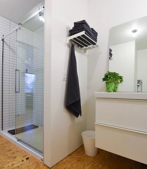 Douche, sĂšche-cheveux, serviettes fournies, papier toilette