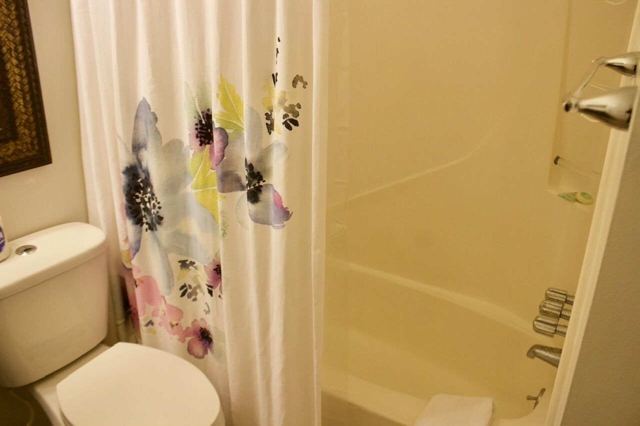 Un baño con inodoro, ducha y cortina decorada con motivos florales.
