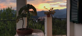Panoramic view of the Mediterranean Sea and the Ligurian mountains. 