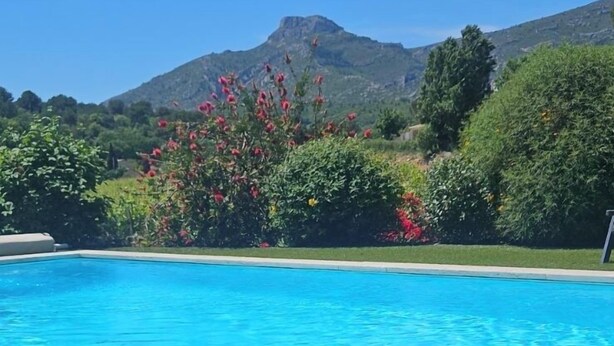 A poolside view with two plates of oysters and a mountain backdrop. - Villa located in the heart of Provence with private pool on 3 hectares. (Roquevaire)