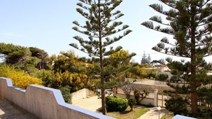 A residential area with a concrete retaining wall, a pathway, and a variety of trees including pine and deciduous. - Villa Concita Sicily (viale malta)