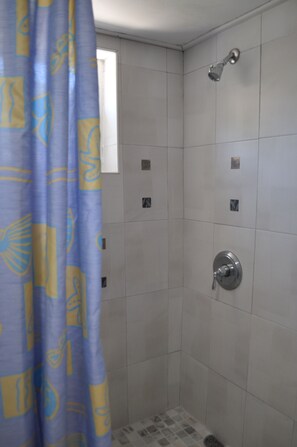 Douche, séchoir à cheveux, serviettes fournies, savon