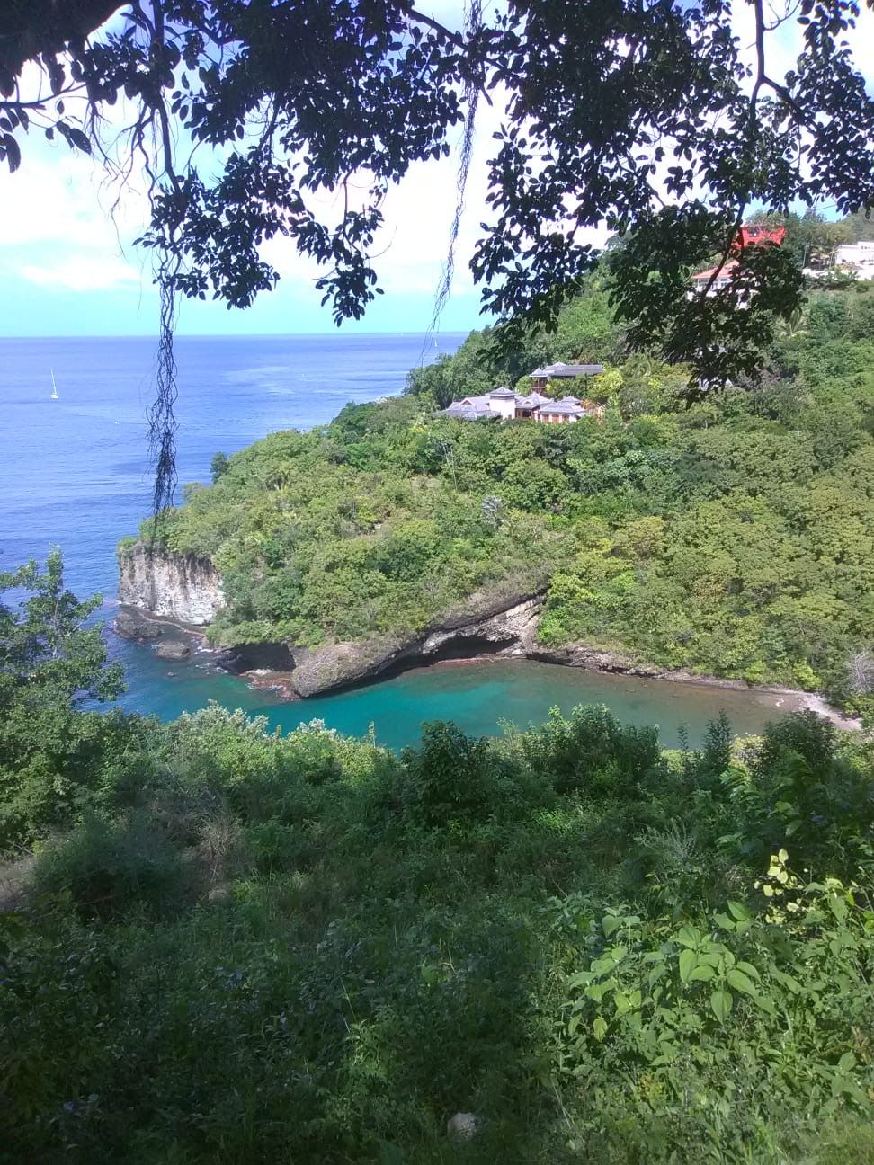 A coastal landscape with a clear view of the sea, a rocky shoreline, and a building nestled among lush greenery.