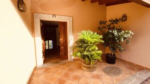 Un espacio interior amplio con suelo de baldosas, una puerta de madera que da a otra habitación y dos plantas en macetas.