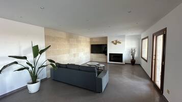 Una televisión, una chimenea, una mesa de tenis de mesa