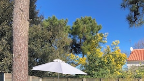 A patio area with a stone floor, two blue lounge chairs, a white umbrella, and a wooden fence.