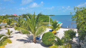 A beach with palm trees, a boat, and a view of the sea.