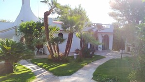 Un patio con palmeras, un edificio blanco con arcos y un sendero pavimentado.