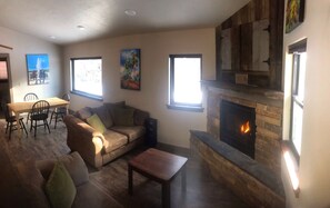Smart TV, fireplace, DVD player, books
