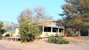 A building with a simple, open structure, surrounded by trees and a gravel ground. - Jerreh Camp Lodge (Sittanunku)