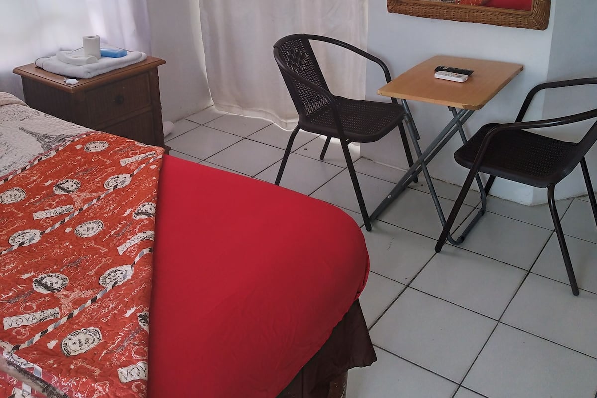 Une chambre à coucher avec un lit, un bureau, deux chaises, un miroir et un rideau.