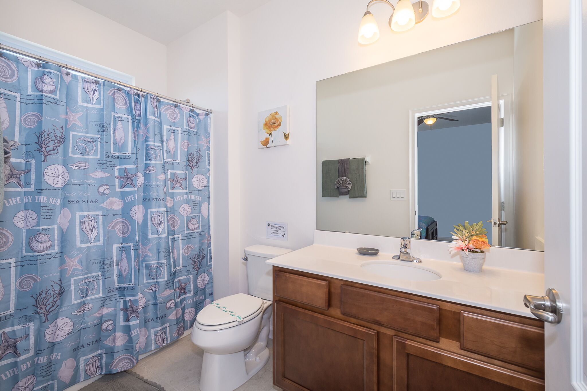 combined shower/bathtub, hair dryer, towels, soap