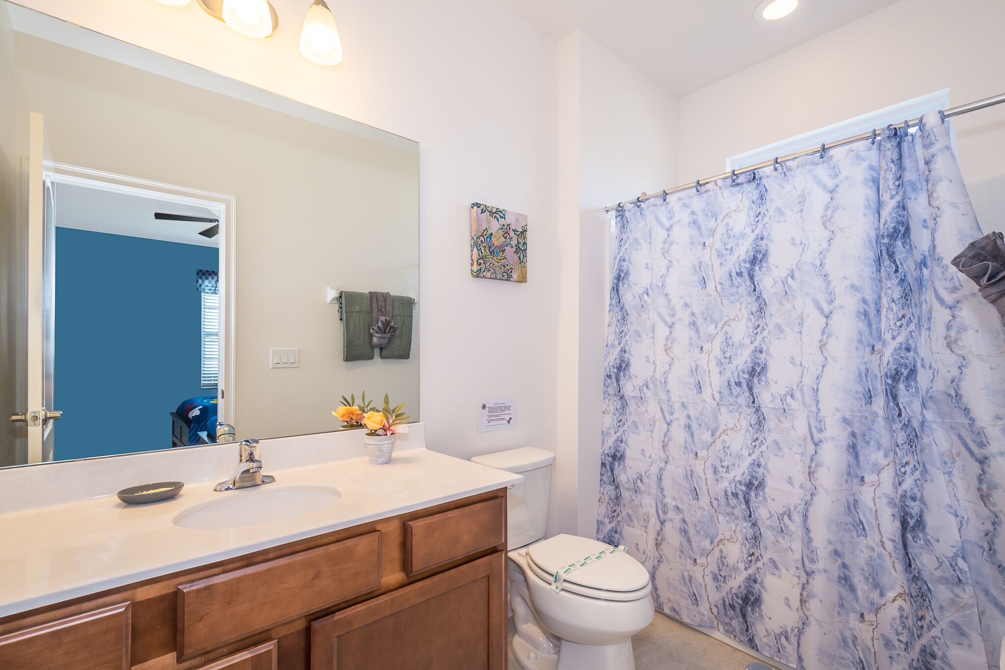 combined shower/bathtub, hair dryer, towels, soap