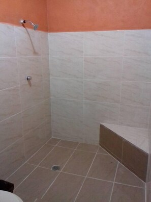 Shower, free toiletries, towels, soap