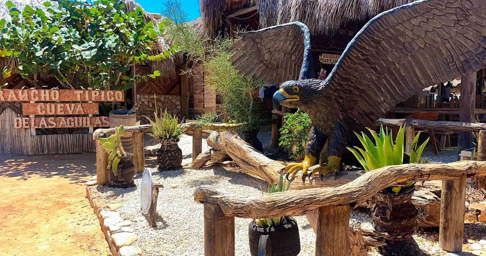 A bird of prey exhibit with a wooden perch, surrounded by potted plants and a rustic building with a thatched roof.