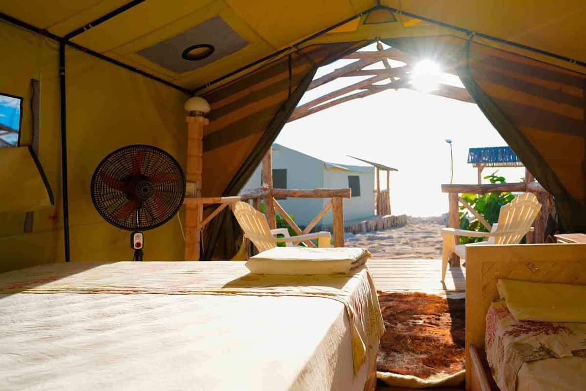 Une tente équipée de deux lits, d’un ventilateur et offrant une vue sur la plage.
