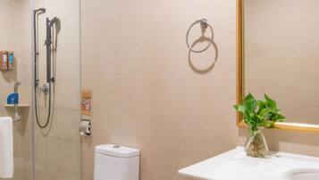 Shower, free toiletries, towels, soap