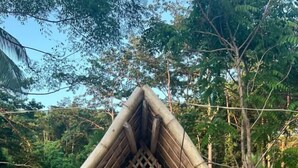 Una cabaña con techo de paja, entrada de celosía y un pequeño porche.
