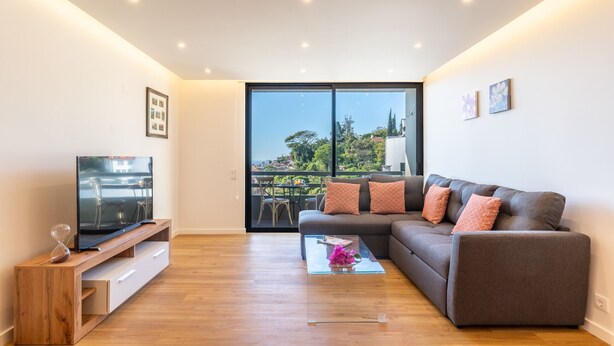 Ein modernes Wohnzimmer mit Sofa, Couchtisch, Fernseher und einer Glastür, die auf einen Balkon führt.