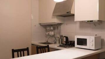 Fridge, microwave, cookware/dishes/utensils, spices