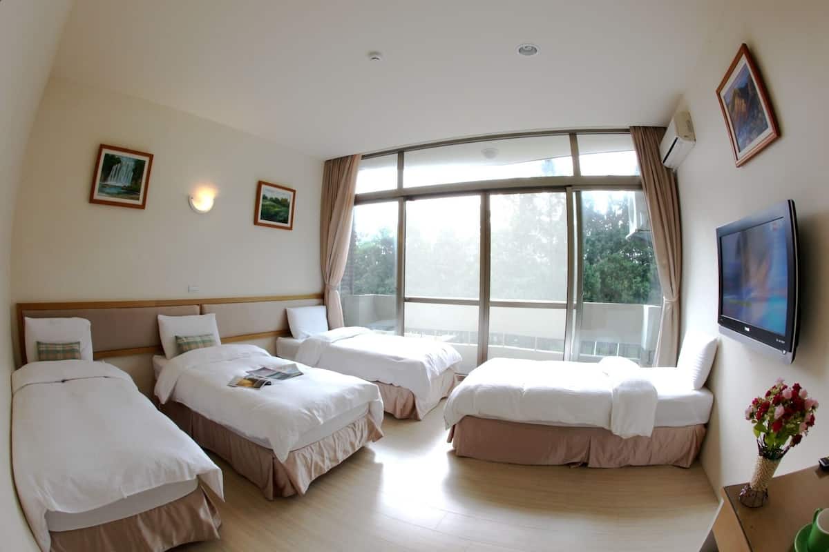 Ein Hotelzimmer mit zwei Betten, einem großen Fenster, einem Flachbildfernseher und einer Vase mit Blumen.