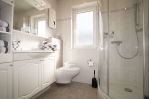 A modern bathroom with a glass-enclosed shower, a toilet, and a sink with a mirror above.
