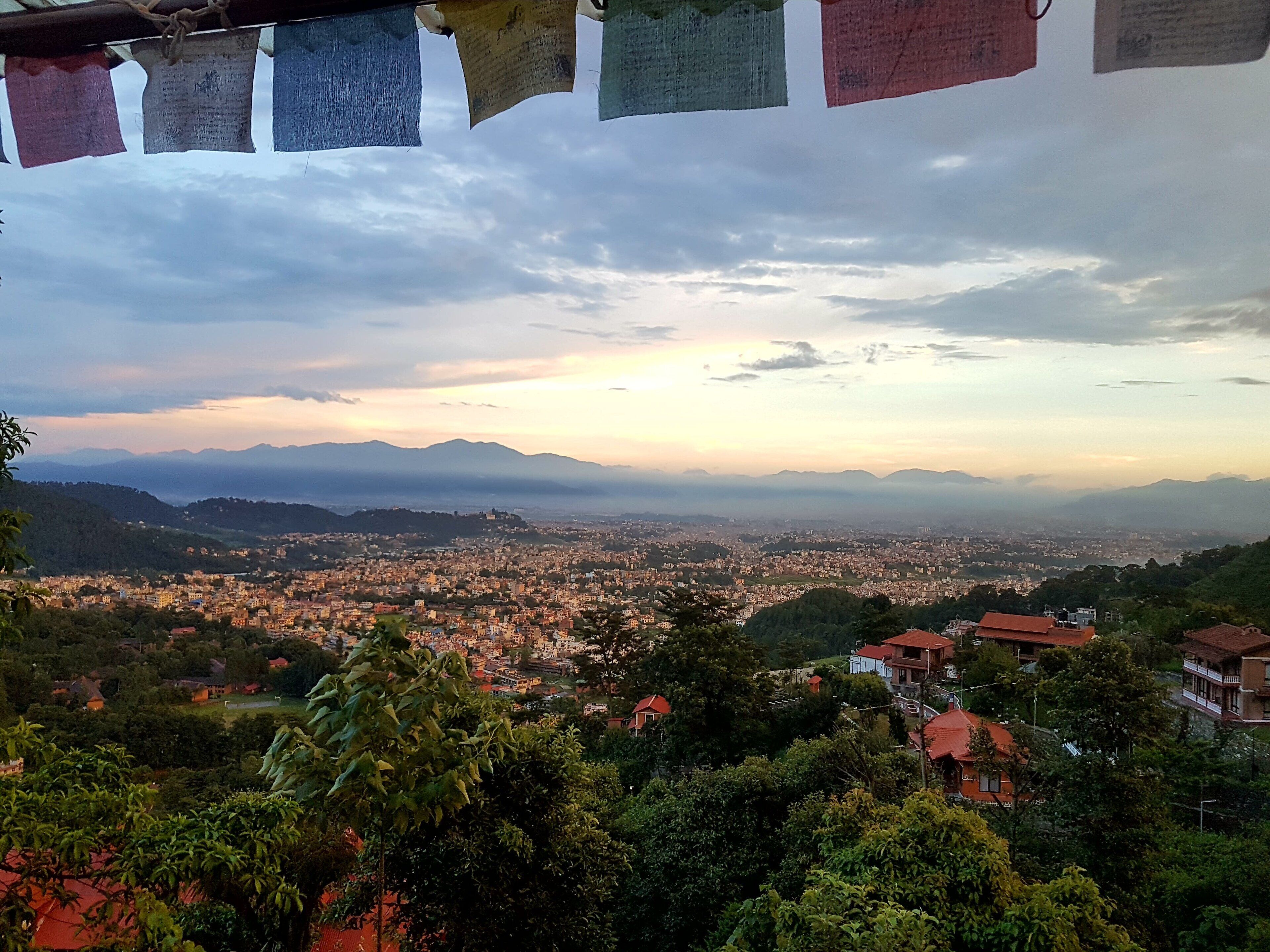 A panoramic view of a cityscape with mountains in the background, a clear sky, and a few trees in the foreground.
