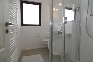 Een moderne badkamer met een douchecabine van glas, een toilet en een wastafel.