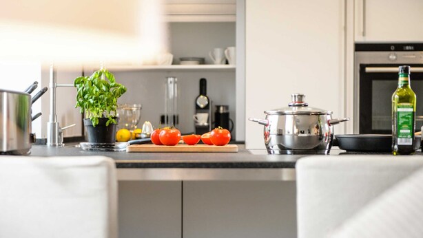 A modern kitchen with a countertop, a potted plant, tomatoes, a pot, and a bottle of olive oil. - Sylt Hüüs, Germany (Hörnum (Sylt))