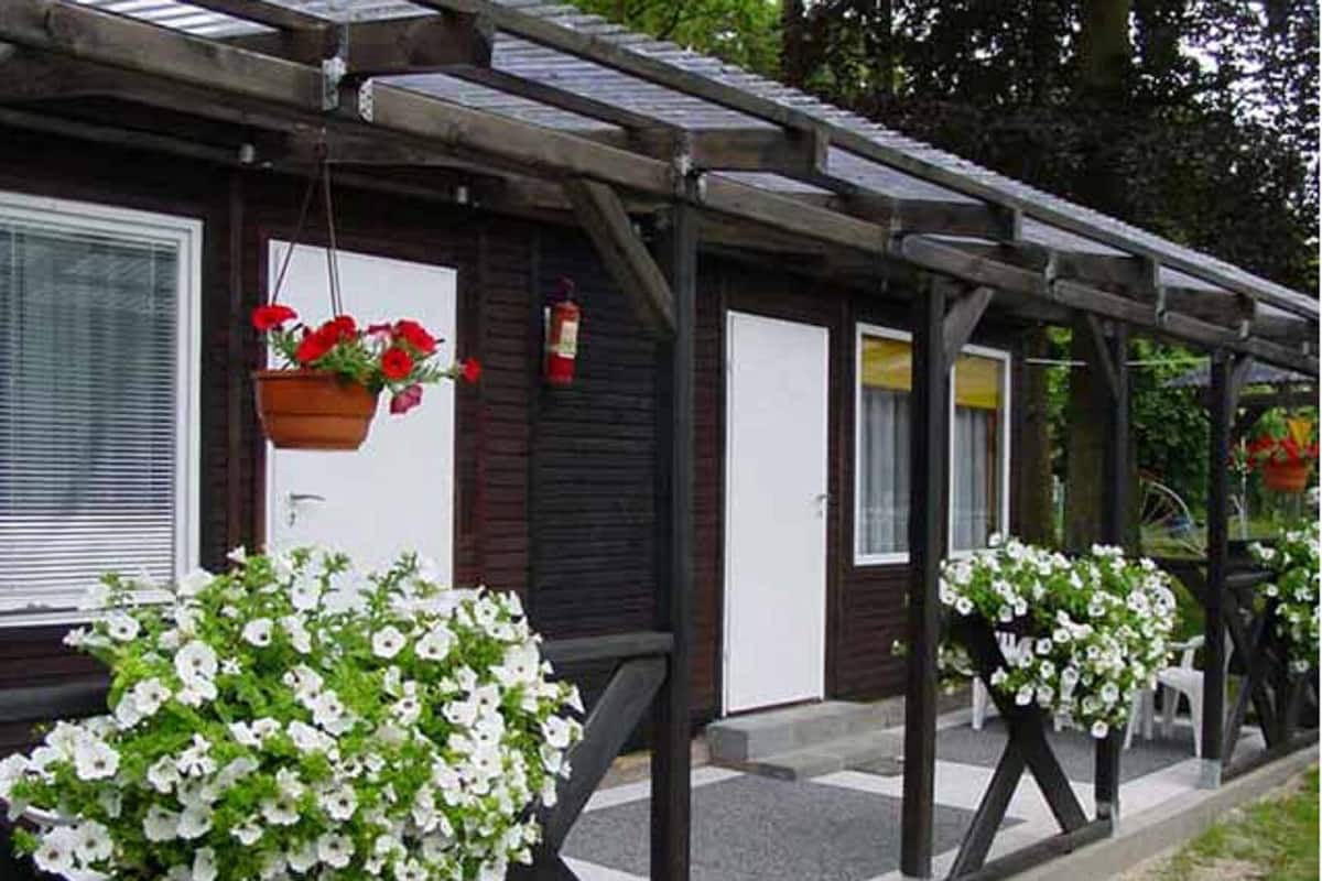 A row of cabins with white flower planters in front and hanging flower baskets on the porch.