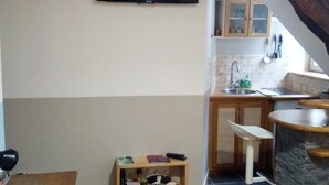 A cozy living room with a TV, wooden beams, a kitchen with a stone sink, and a small wooden table. - Apartment La Musette Historic Center of Dijon (Dijon)